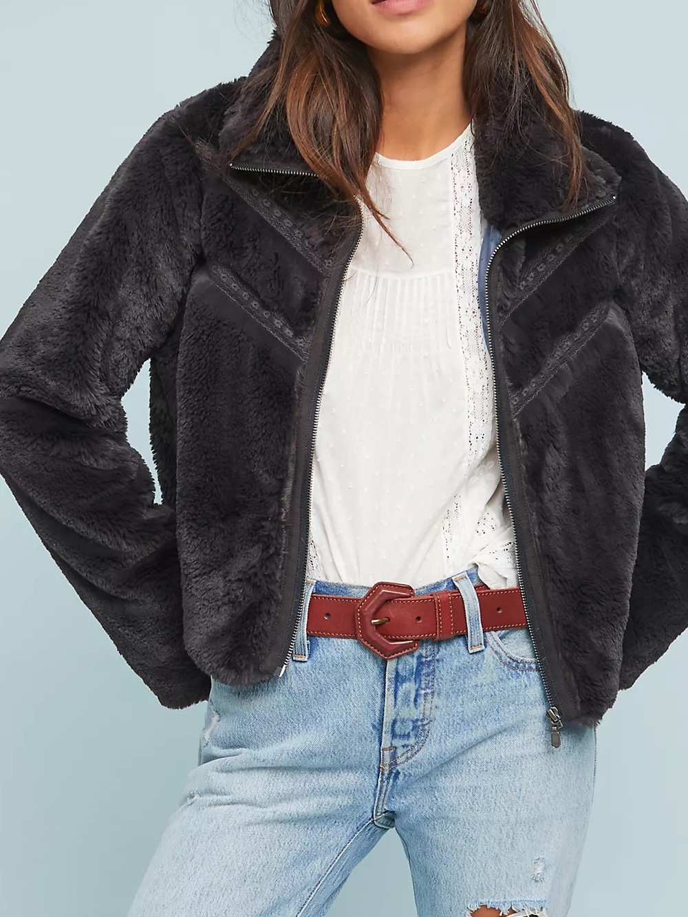 Anthropologie Chevron Faux Fur Bomber Jacket in Charcoal Gray